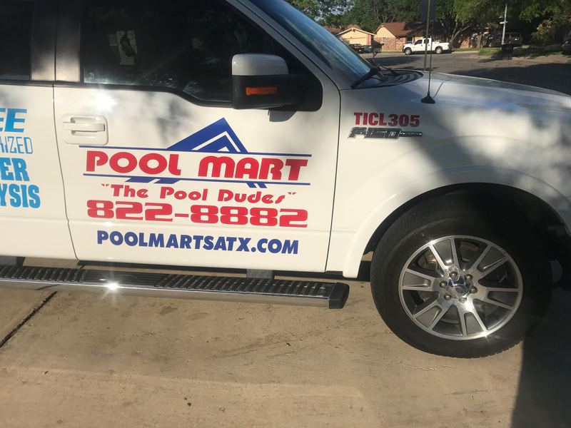 Pool service truck with vinyl door lettering and logo
