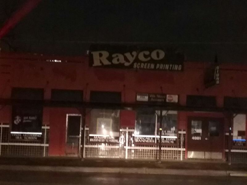 Rayco Sign Shop storefront on South Presa Street in San Antonio at night